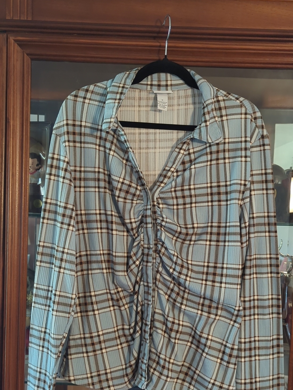 Light Blue Plaid Ruched Button-Down Shirt